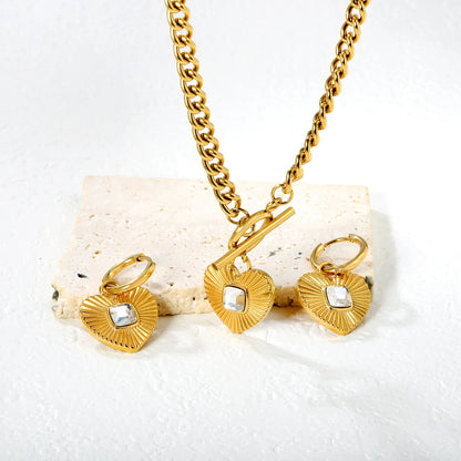 White Diamond Heart Set - Gold  Earrings: 2.0*10 heart accessories, 18*16mm  Pendant: 18*16mm  OT Clasp: 1.4*5, Side Chain: 43cm asonjewelry