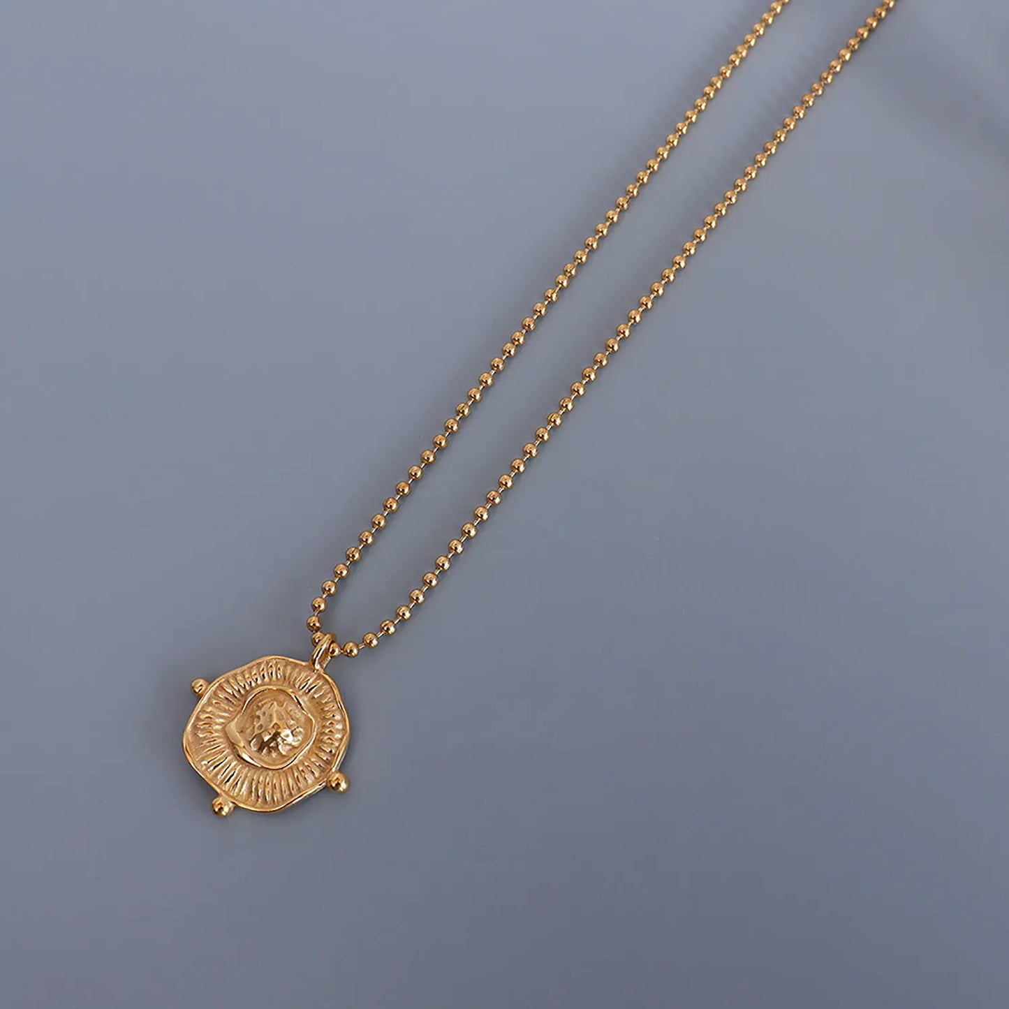 Irregular Round Pendant Necklace Gold 2mm Bead Chain 40+5cm + 4.5*8.6cm Oval Tag Pendant 23*25mm