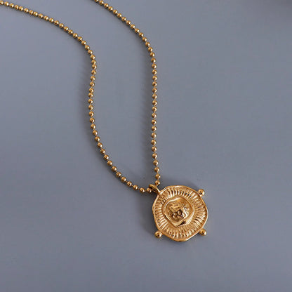 Irregular Round Pendant Necklace Gold 2mm Bead Chain 40+5cm + 4.5*8.6cm Oval Tag Pendant 23*25mm