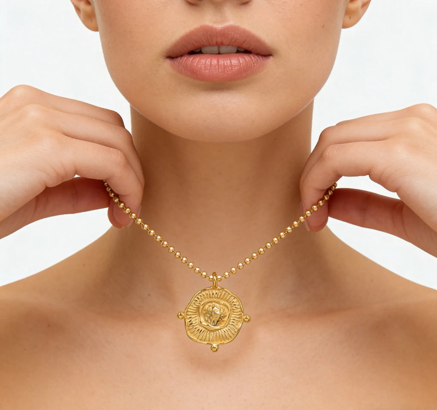 Irregular Round Pendant Necklace Gold 2mm Bead Chain 40+5cm + 4.5*8.6cm Oval Tag Pendant 23*25mm