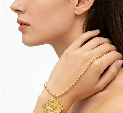 Irregular Round Pendant Necklace Gold 2mm Bead Chain 40+5cm + 4.5*8.6cm Oval Tag Pendant 23*25mm