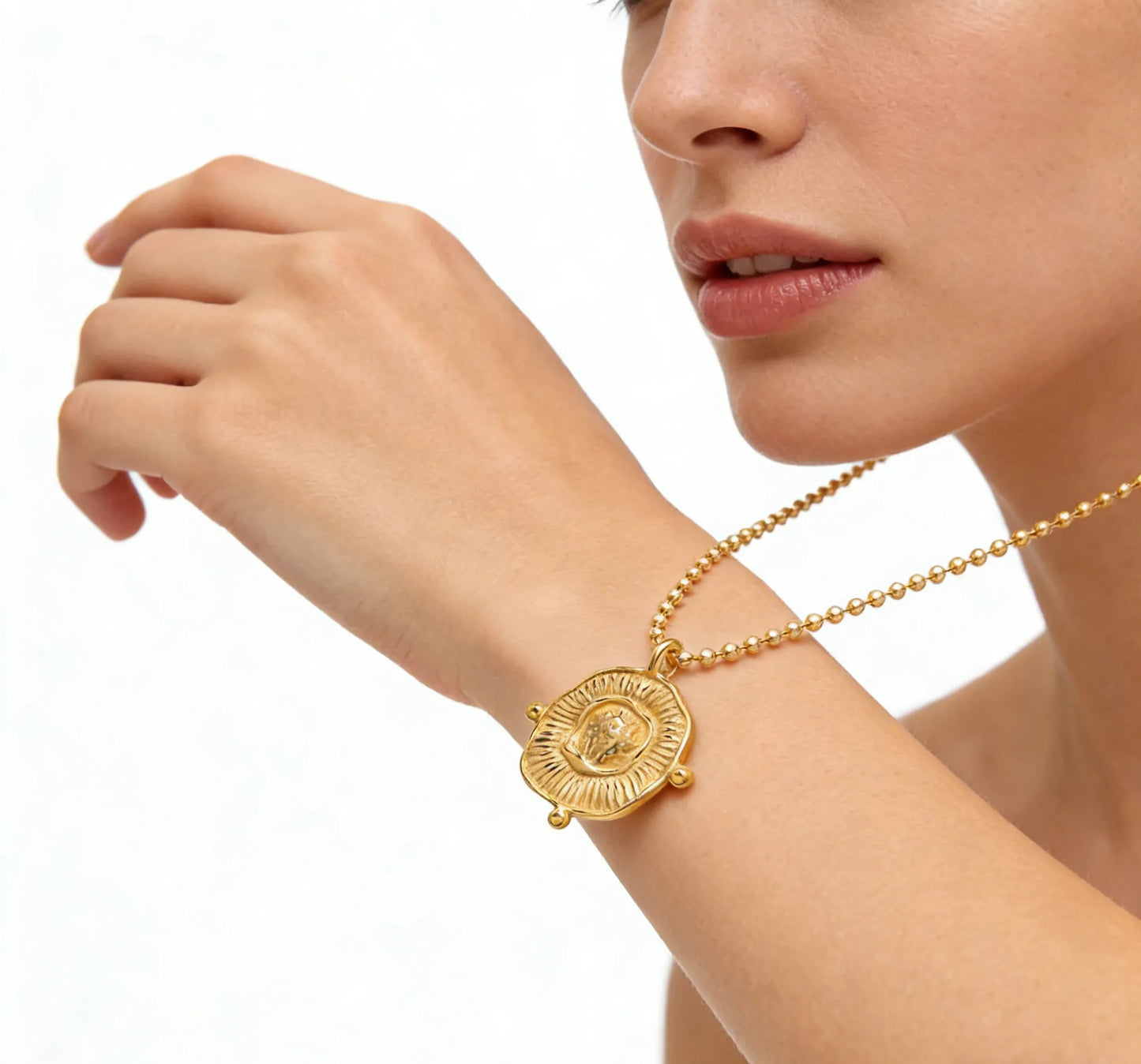 Irregular Round Pendant Necklace Gold 2mm Bead Chain 40+5cm + 4.5*8.6cm Oval Tag Pendant 23*25mm