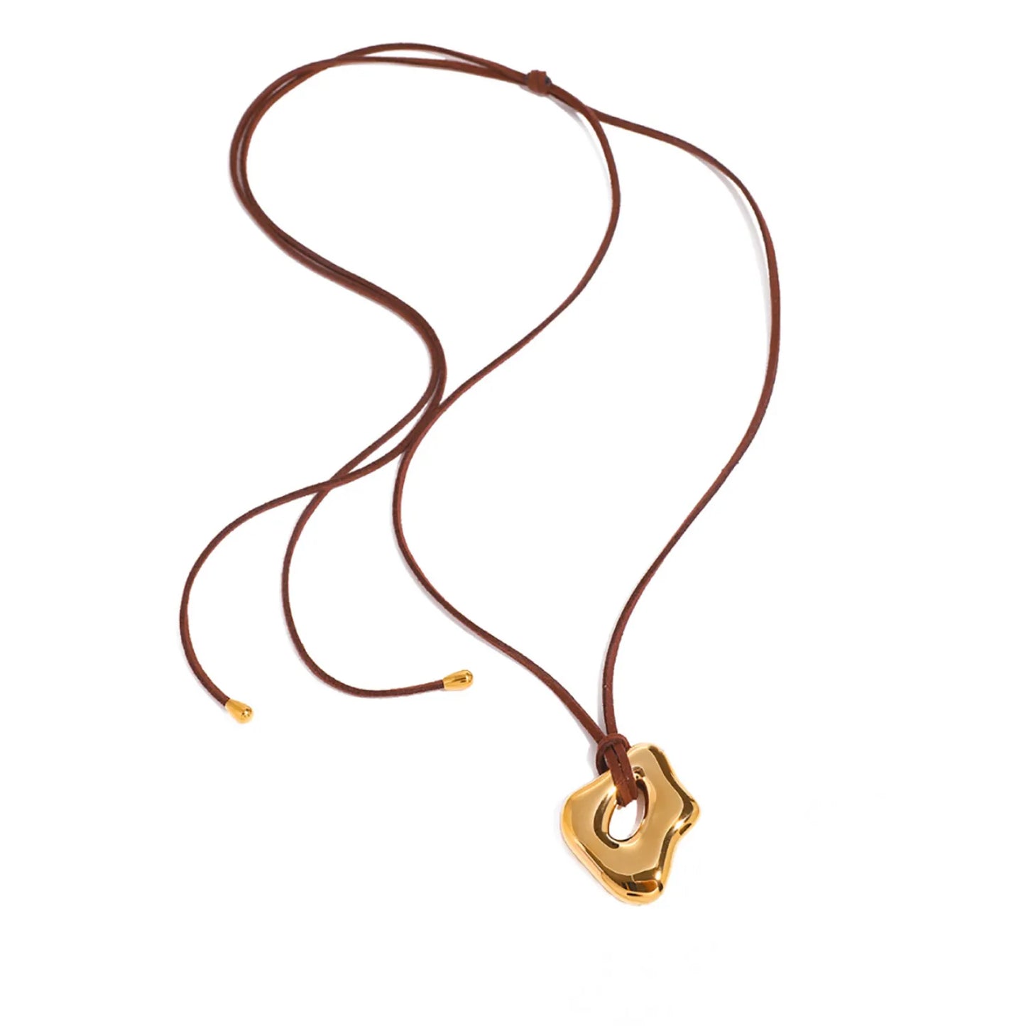 35*41mm Openwork Irregular Pendant Sliding Chain Necklace Gold/Steel Finish Brown Leather Cord 120cm