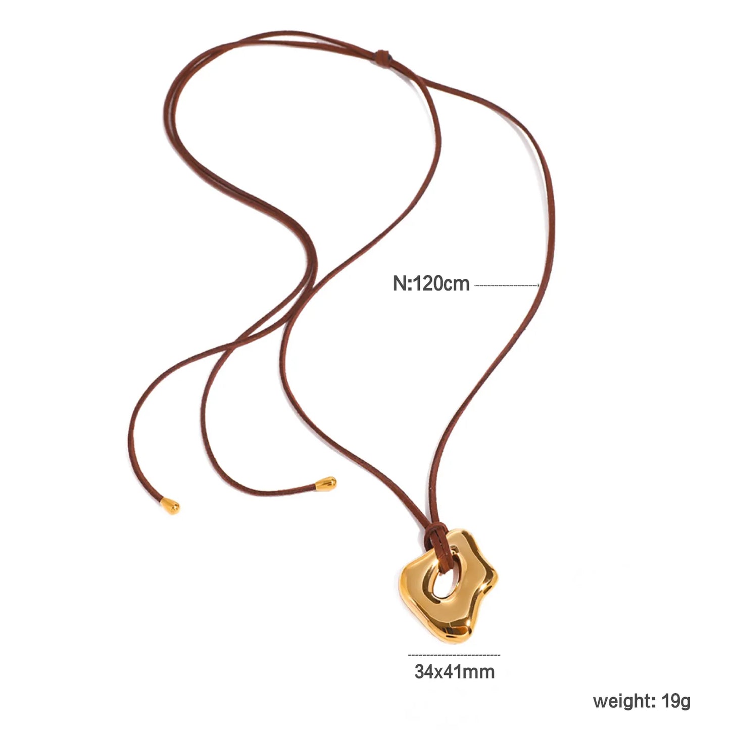 35*41mm Openwork Irregular Pendant Sliding Chain Necklace Gold/Steel Finish Brown Leather Cord 120cm