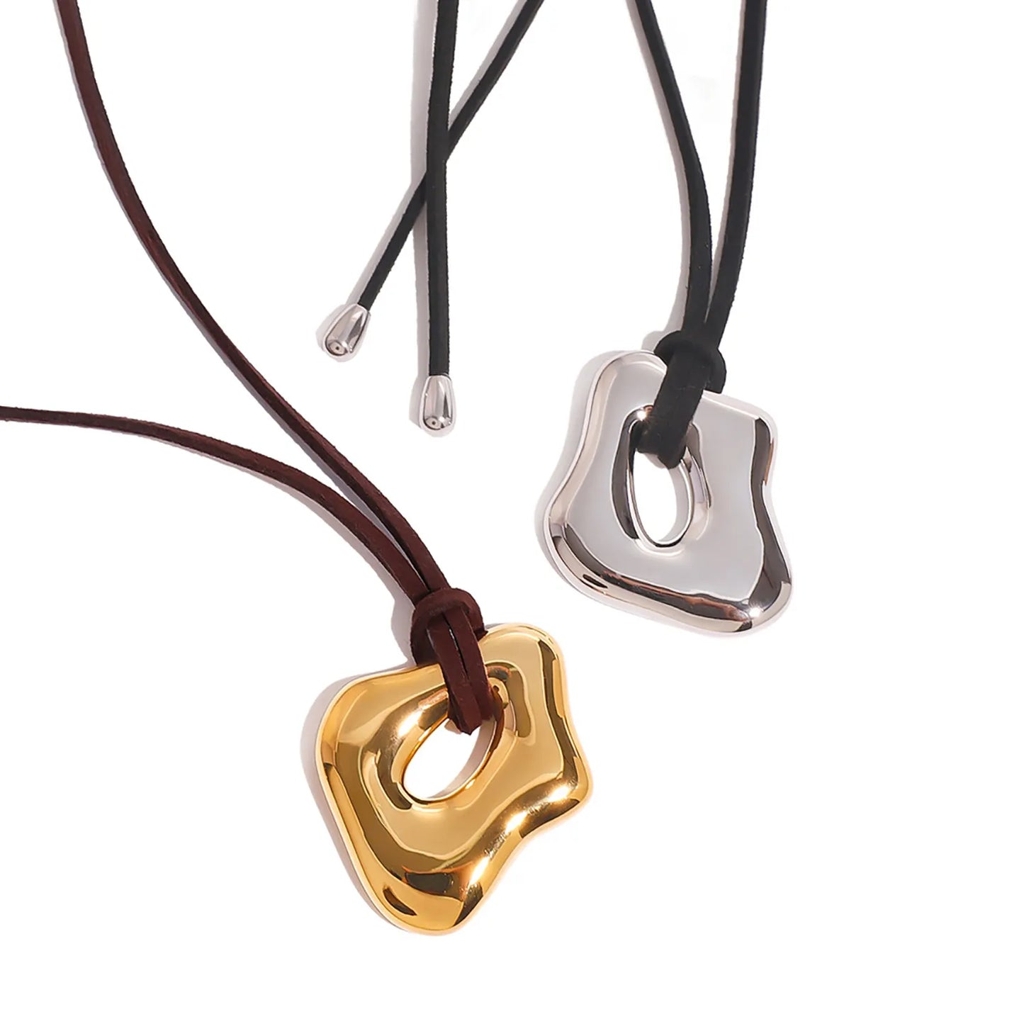 35*41mm Openwork Irregular Pendant Sliding Chain Necklace Gold/Steel Finish Brown Leather Cord 120cm