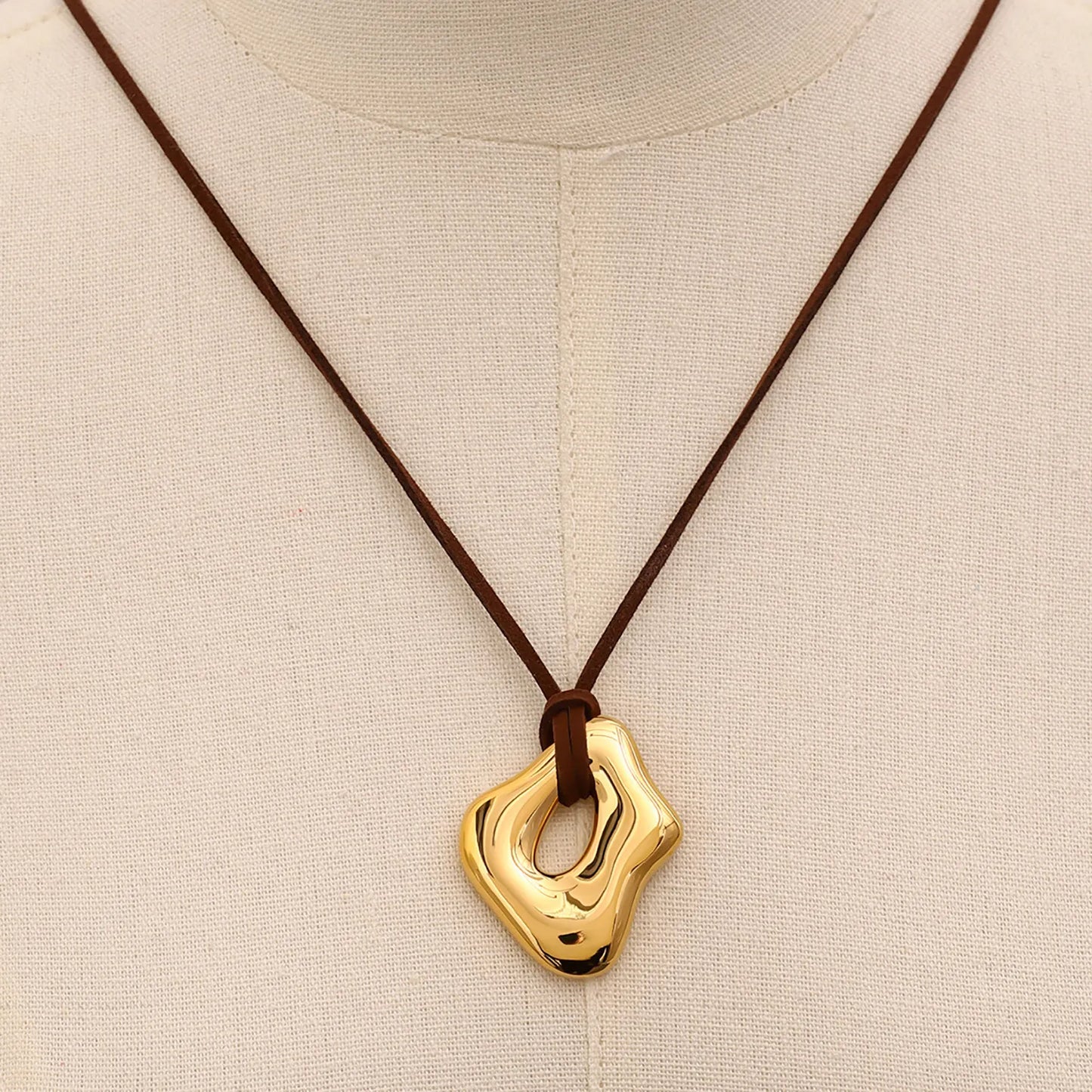 35*41mm Openwork Irregular Pendant Sliding Chain Necklace Gold/Steel Finish Brown Leather Cord 120cm