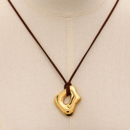35*41mm Openwork Irregular Pendant Sliding Chain Necklace Gold/Steel Finish Brown Leather Cord 120cm