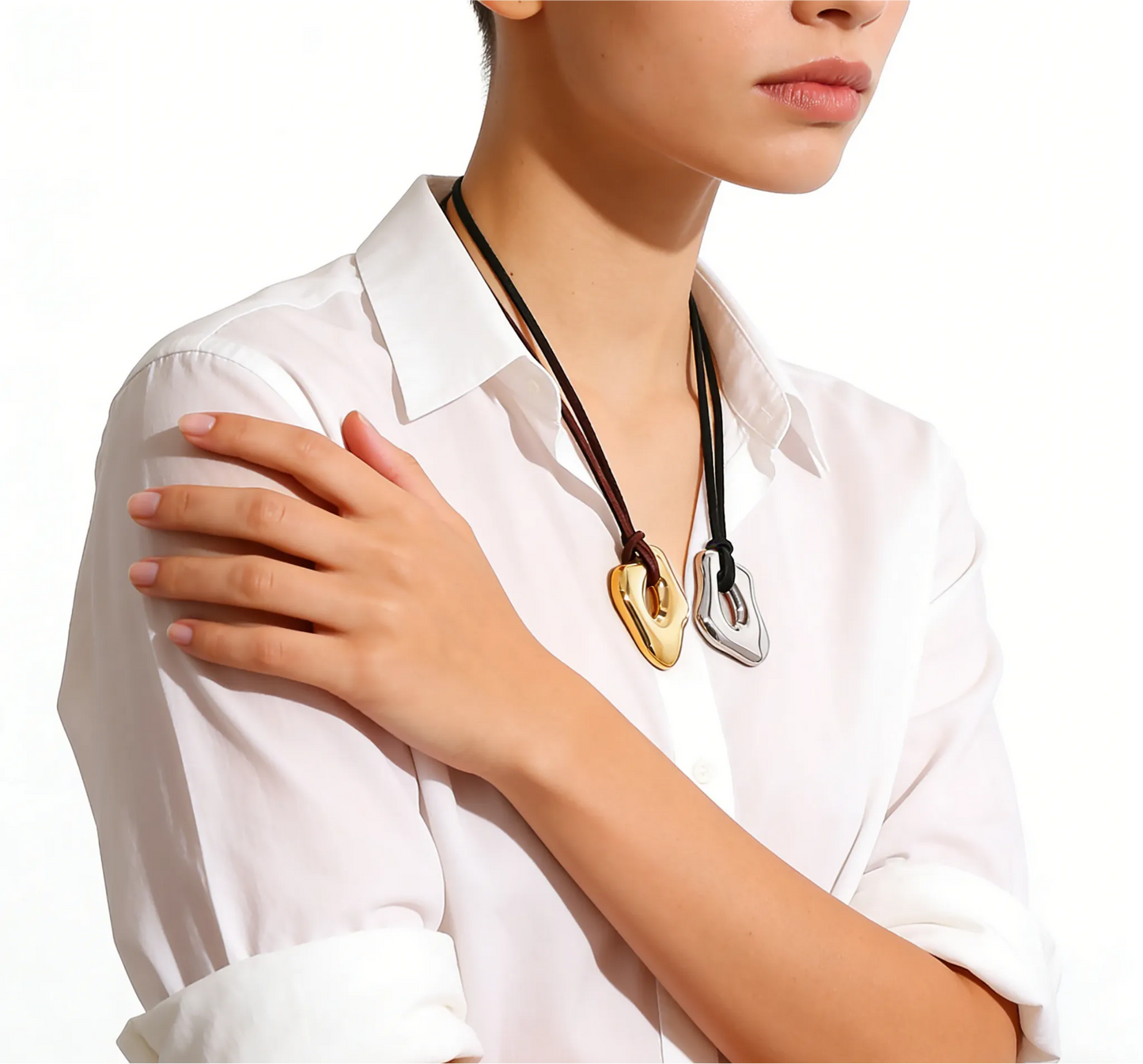 35*41mm Openwork Irregular Pendant Sliding Chain Necklace Gold/Steel Finish Brown Leather Cord 120cm