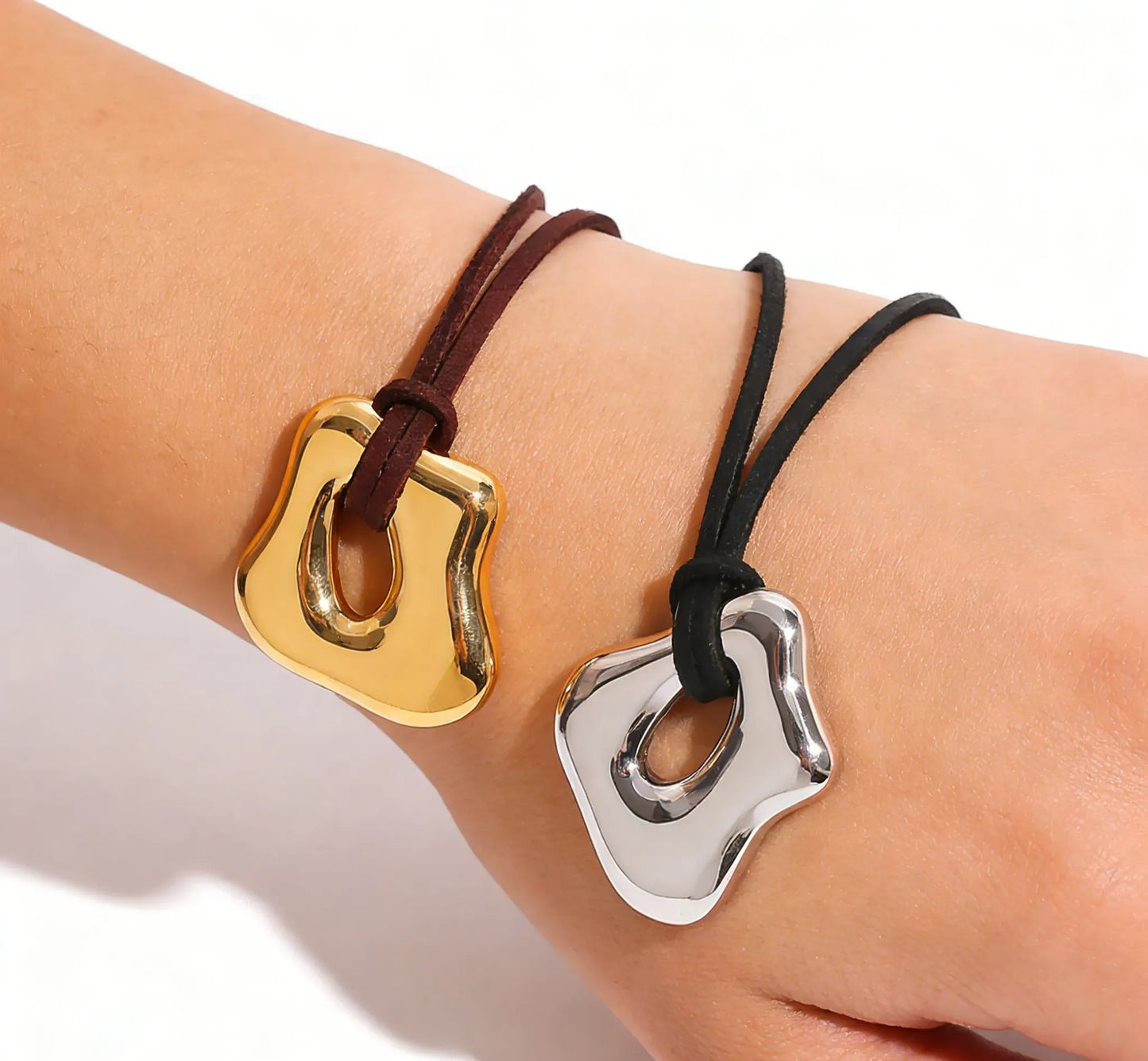 35*41mm Openwork Irregular Pendant Sliding Chain Necklace Gold/Steel Finish Brown Leather Cord 120cm