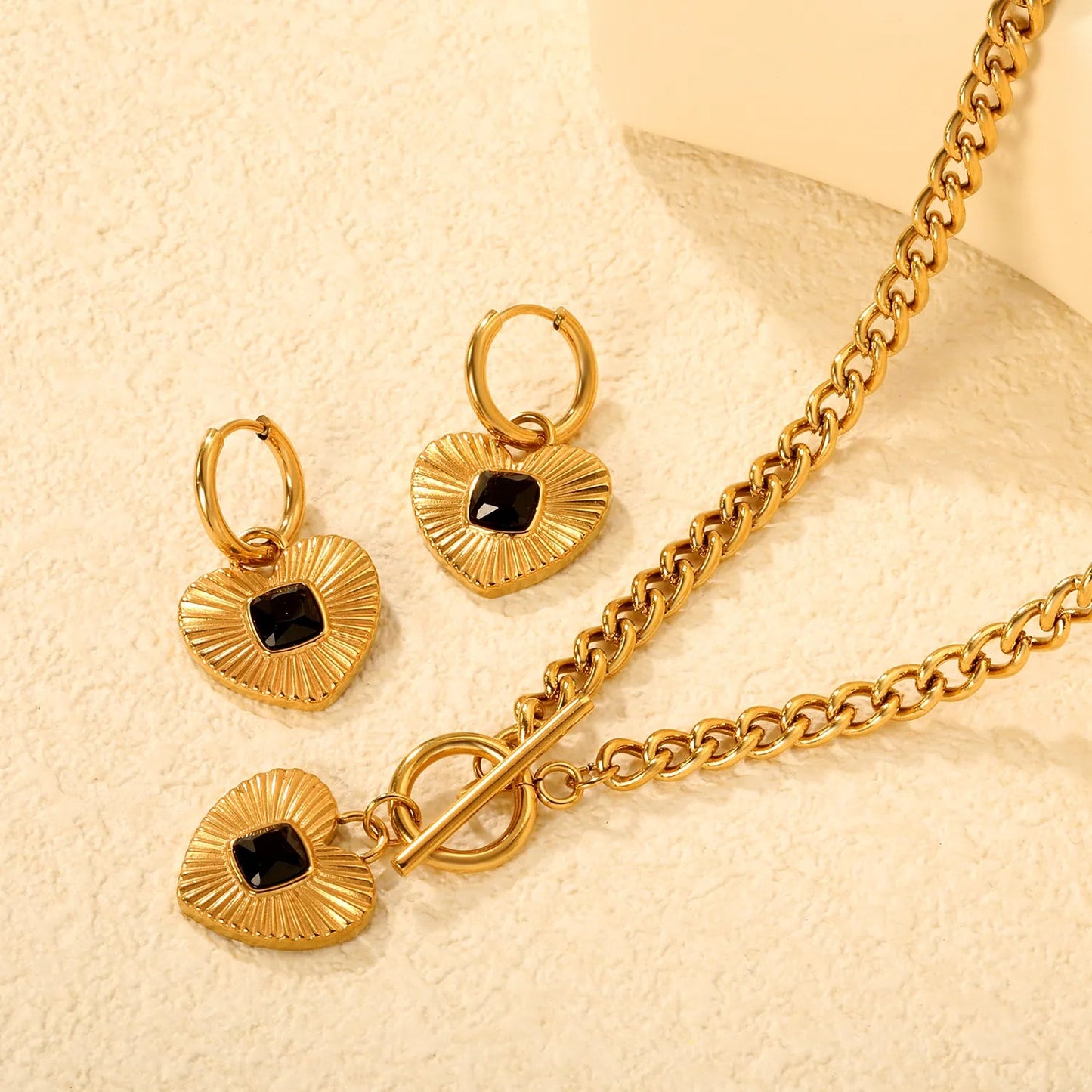 White Diamond Heart Set - Gold  Earrings: 2.0*10 heart accessories, 18*16mm  Pendant: 18*16mm  OT Clasp: 1.4*5, Side Chain: 43cm asonjewelry