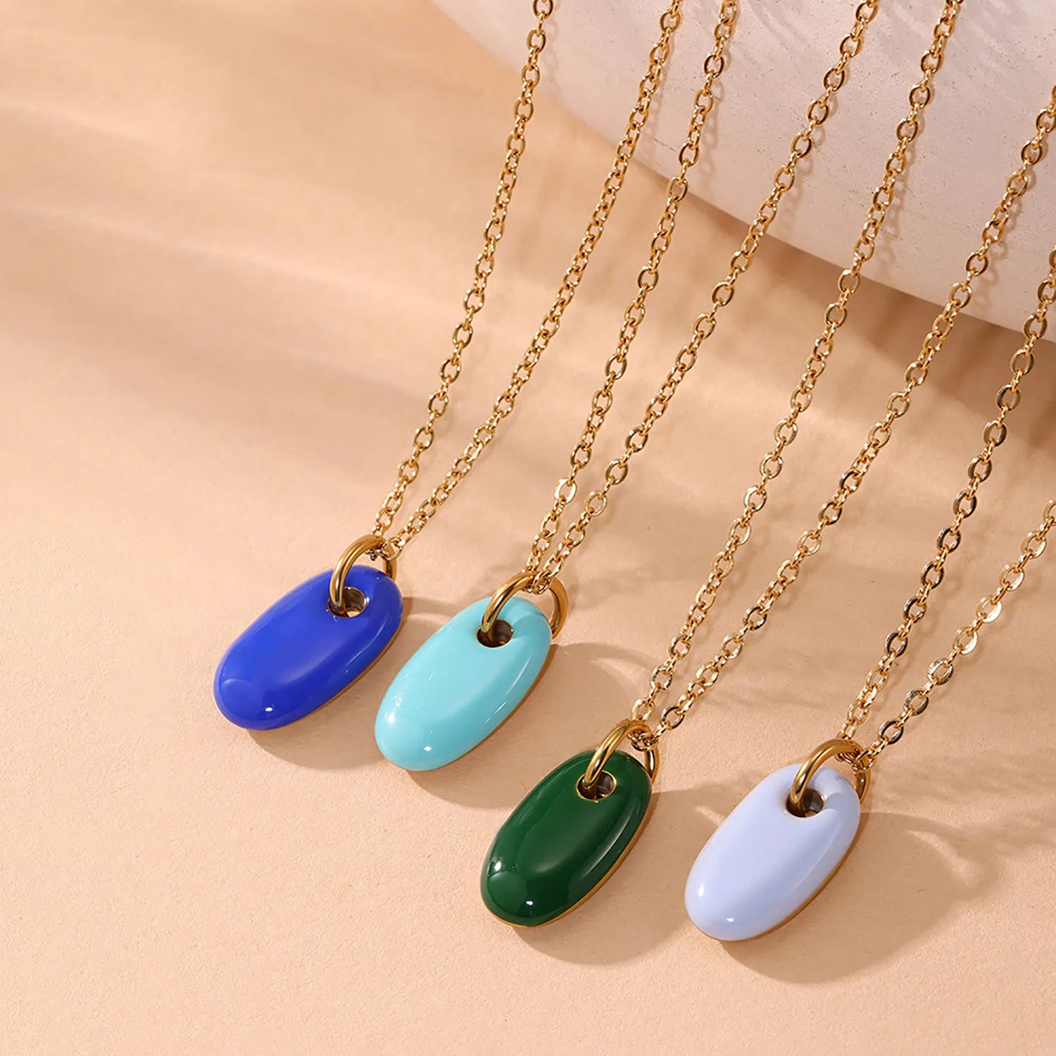 8.3*15mm Oval Blue/Light Blue/Turquoise/Green Single-Sided Drip Pendant Necklace Gold 05 Cross Chain 40+5cm+4.5*8.6mm Oval Tag - Asonjewelry