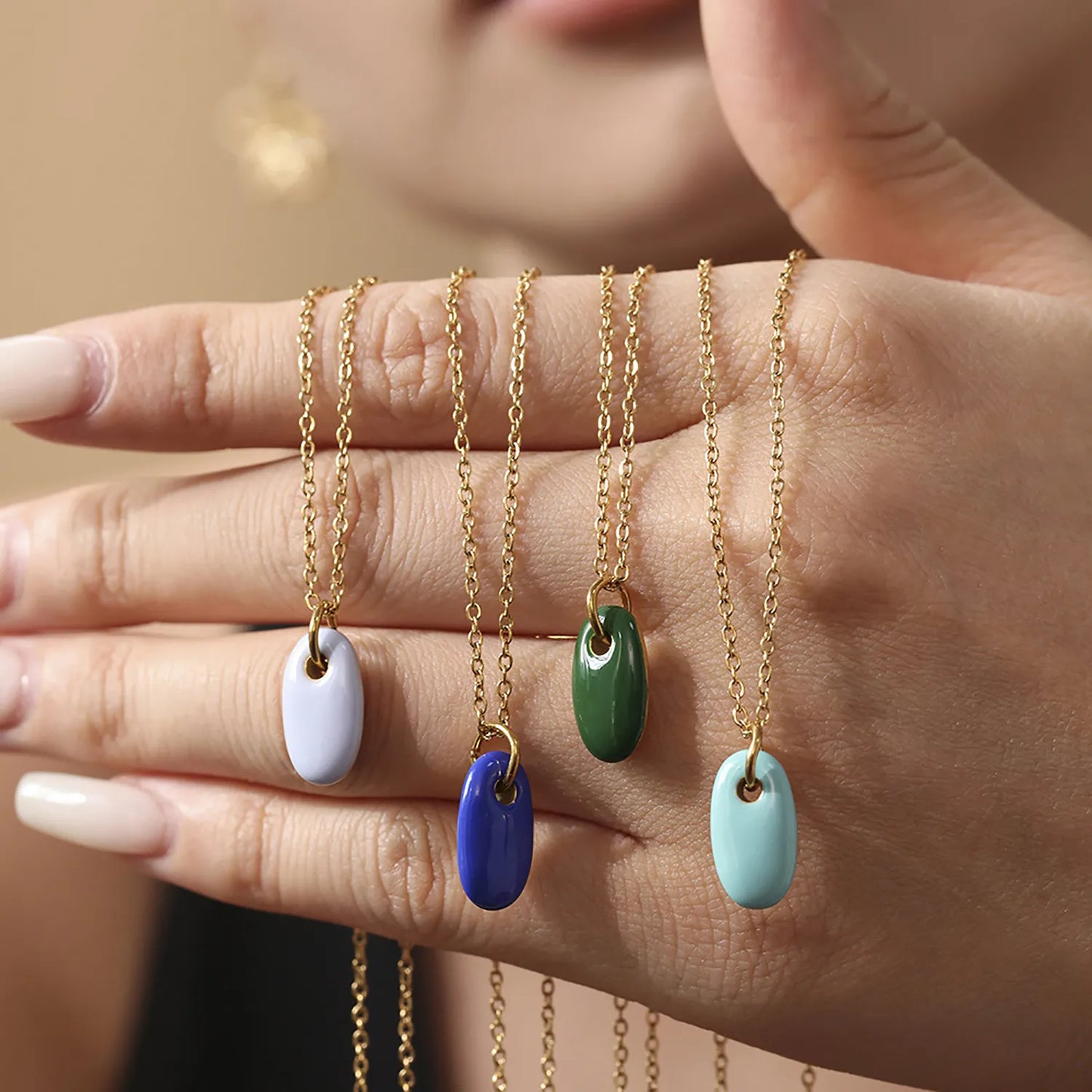 8.3*15mm Oval Blue/Light Blue/Turquoise/Green Single-Sided Drip Pendant Necklace Gold 05 Cross Chain 40+5cm+4.5*8.6mm Oval Tag - Asonjewelry