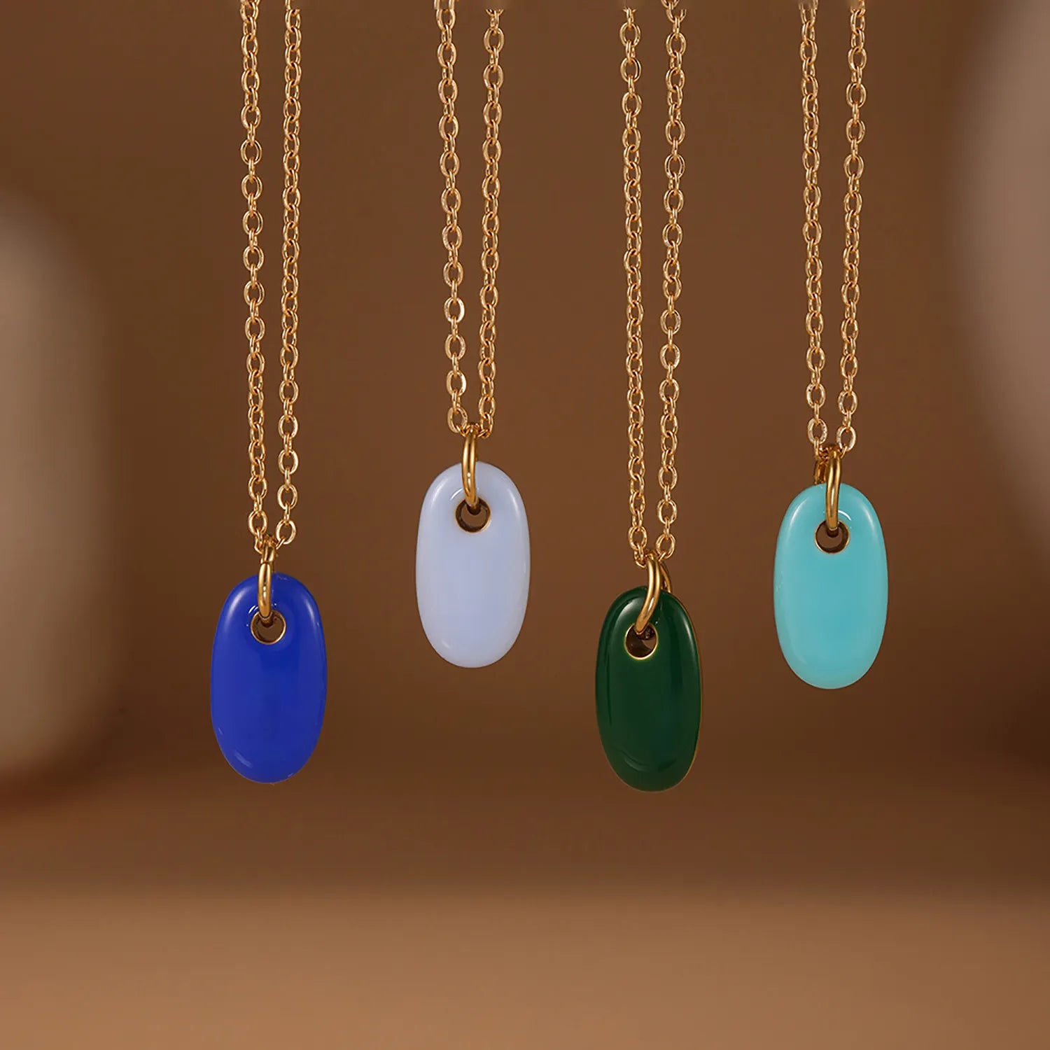 8.3*15mm Oval Blue/Light Blue/Turquoise/Green Single-Sided Drip Pendant Necklace Gold 05 Cross Chain 40+5cm+4.5*8.6mm Oval Tag - Asonjewelry