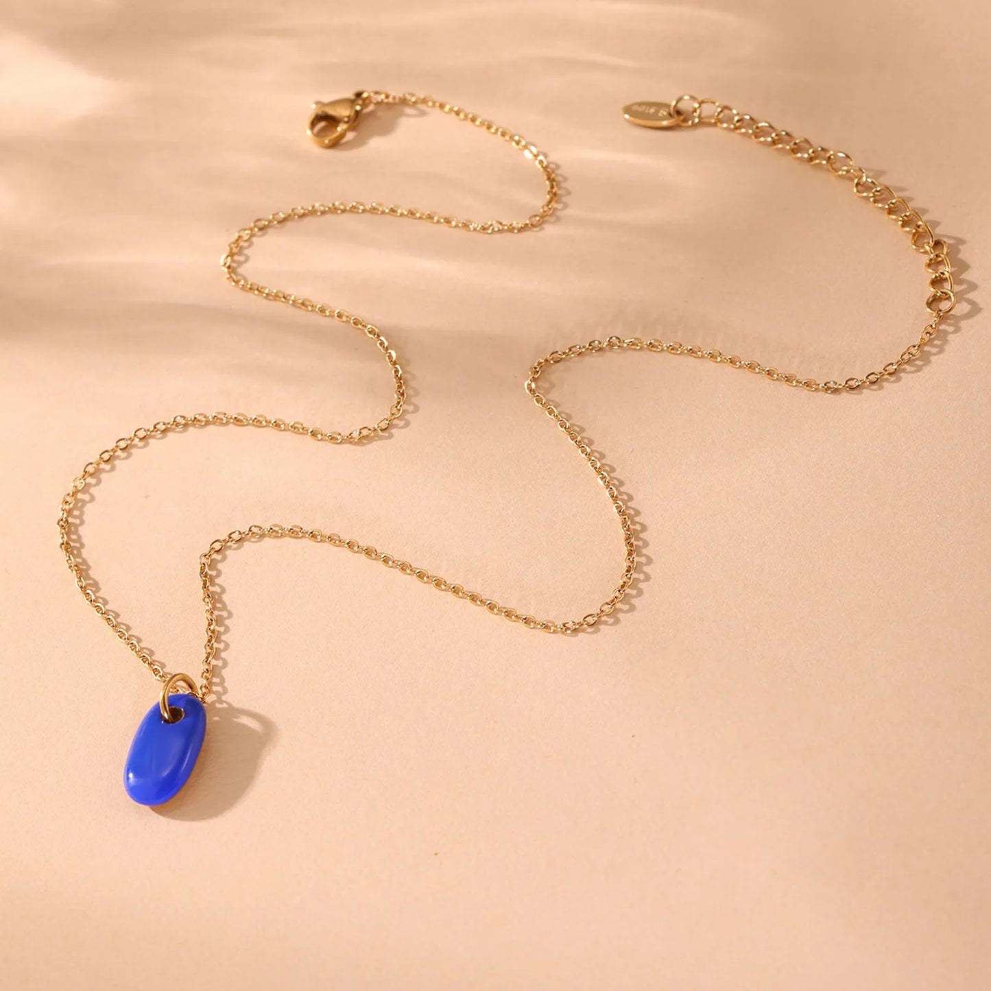 8.3*15mm Oval Blue/Light Blue/Turquoise/Green Single-Sided Drip Pendant Necklace Gold 05 Cross Chain 40+5cm+4.5*8.6mm Oval Tag - Asonjewelry