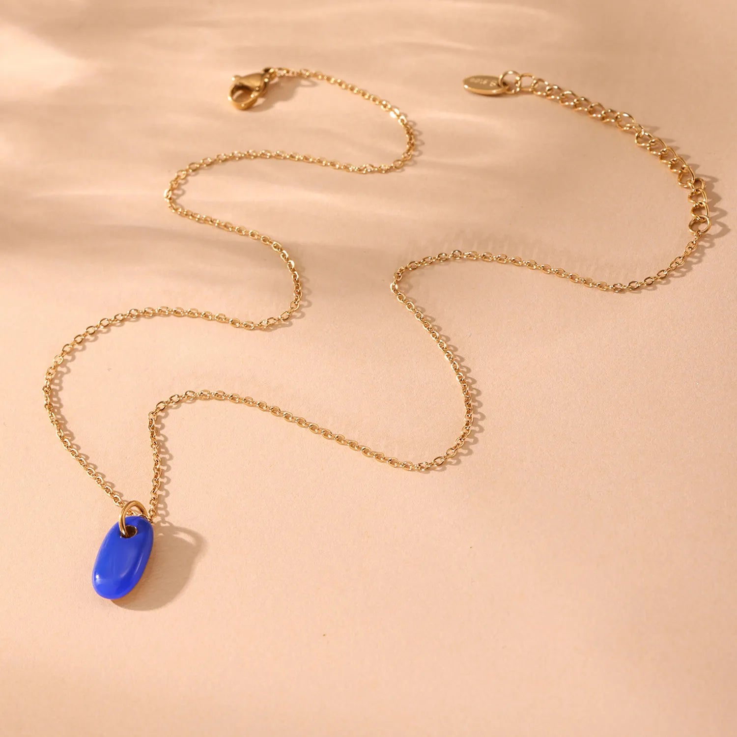 8.3*15mm Oval Blue/Light Blue/Turquoise/Green Single-Sided Drip Pendant Necklace Gold 05 Cross Chain 40+5cm+4.5*8.6mm Oval Tag - Asonjewelry