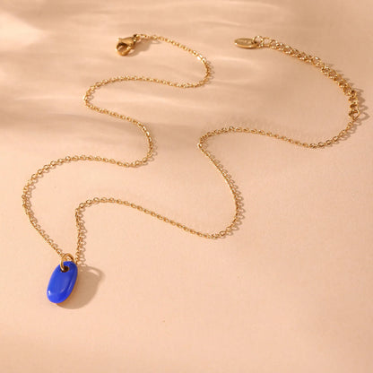 8.3*15mm Oval Blue/Light Blue/Turquoise/Green Single-Sided Drip Pendant Necklace Gold 05 Cross Chain 40+5cm+4.5*8.6mm Oval Tag - Asonjewelry