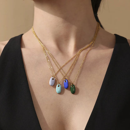 8.3*15mm Oval Blue/Light Blue/Turquoise/Green Single-Sided Drip Pendant Necklace Gold 05 Cross Chain 40+5cm+4.5*8.6mm Oval Tag - Asonjewelry