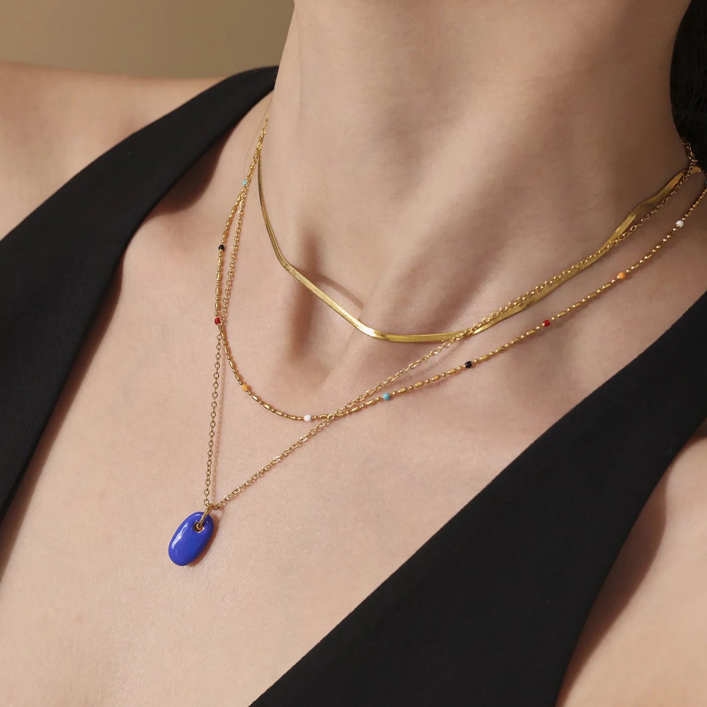 8.3*15mm Oval Blue/Light Blue/Turquoise/Green Single-Sided Drip Pendant Necklace Gold 05 Cross Chain 40+5cm+4.5*8.6mm Oval Tag - Asonjewelry