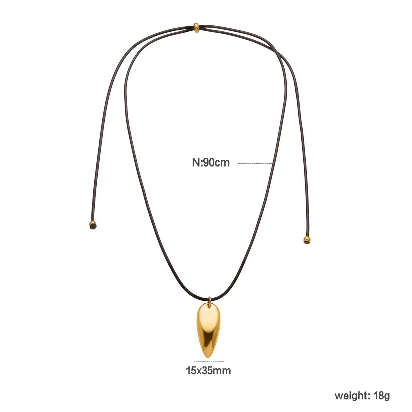 15*35mm Large Drop Pendant Pull-Through Necklace Steel/Gold Finish 2mm Black Leather Cord 90cm