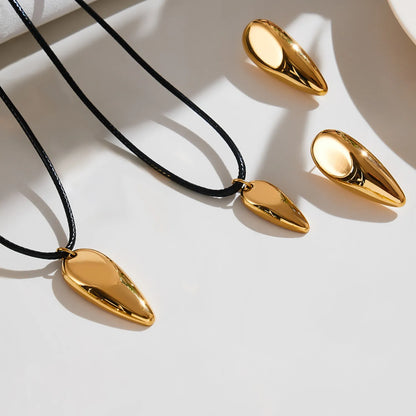 15*35mm Large Drop Pendant Pull-Through Necklace Steel/Gold Finish 2mm Black Leather Cord 90cm