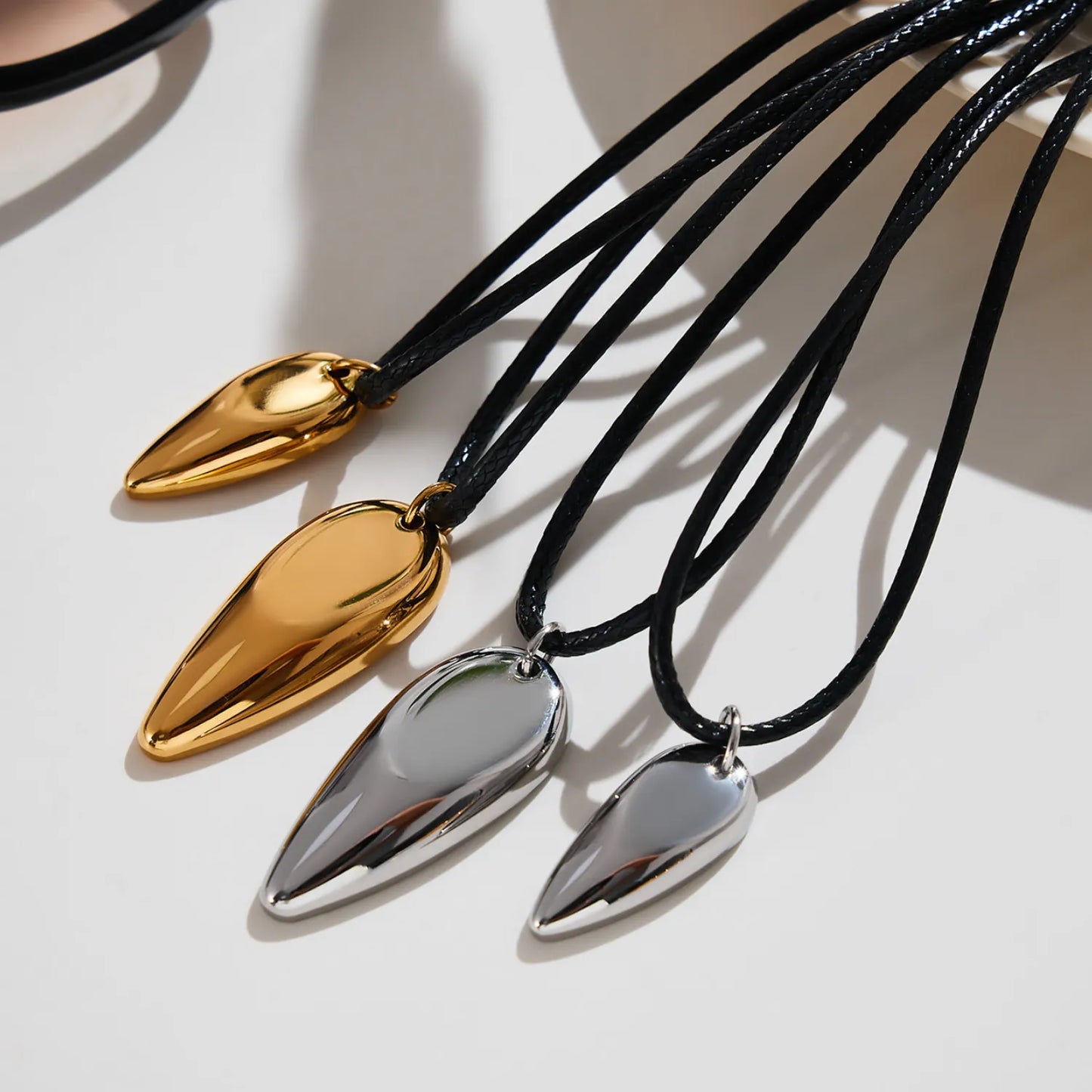 15*35mm Large Drop Pendant Pull-Through Necklace Steel/Gold Finish 2mm Black Leather Cord 90cm