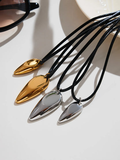 15*35mm Large Drop Pendant Pull-Through Necklace Steel/Gold Finish 2mm Black Leather Cord 90cm