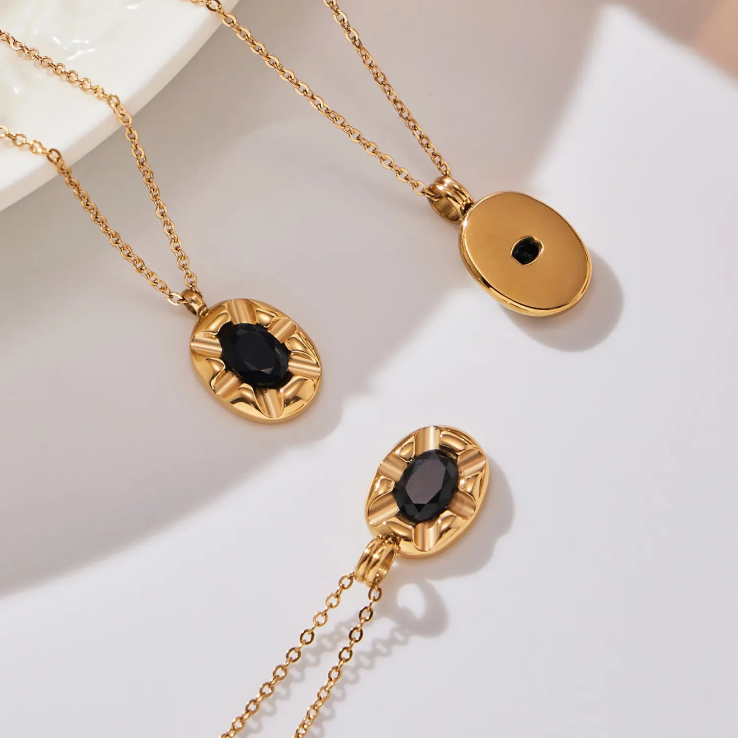 Elliptical Black Zircon Necklace Gold 05 Cross Chain 40+5+4.5*8.6mm Elliptical Tag Pendant 10.3*18.2mm Stone 4.9*7mm