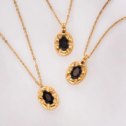 Elliptical Black Zircon Necklace Gold 05 Cross Chain 40+5+4.5*8.6mm Elliptical Tag Pendant 10.3*18.2mm Stone 4.9*7mm