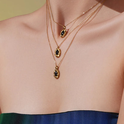 Elliptical Black Zircon Necklace Gold 05 Cross Chain 40+5+4.5*8.6mm Elliptical Tag Pendant 10.3*18.2mm Stone 4.9*7mm