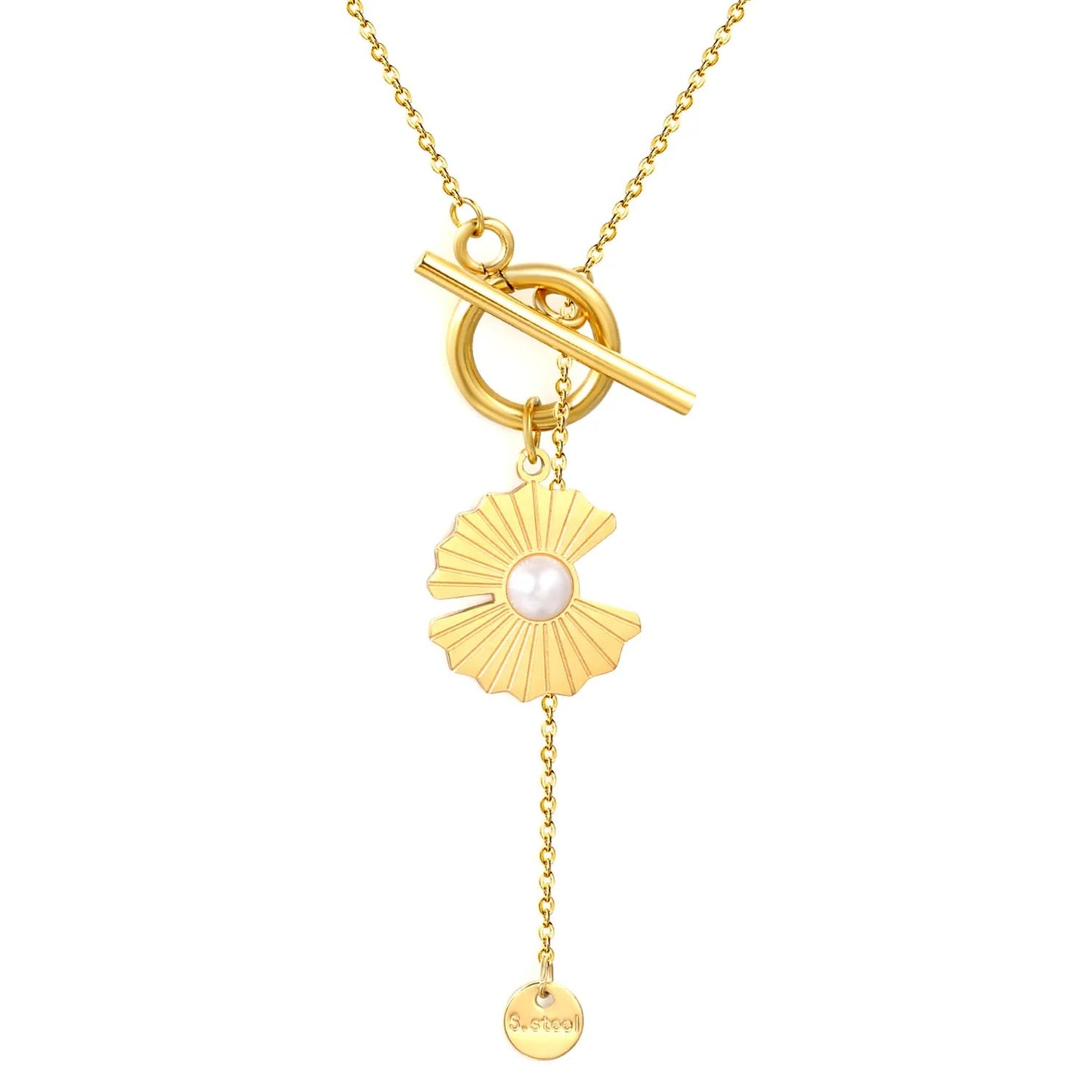 15.8*16mm irregular lotus petal-shaped pearl, 2mm cross chain, 40+5cm+6mm round tail label OT clasp necklace, gold color asonjewelry