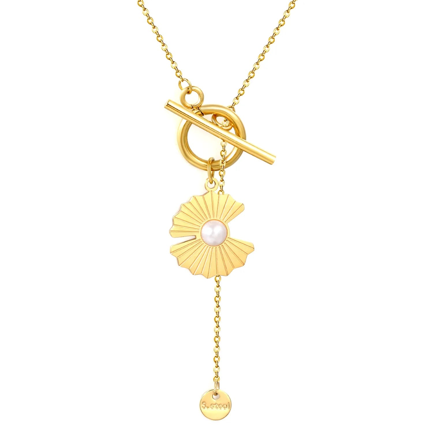 15.8*16mm irregular lotus petal-shaped pearl, 2mm cross chain, 40+5cm+6mm round tail label OT clasp necklace, gold color asonjewelry