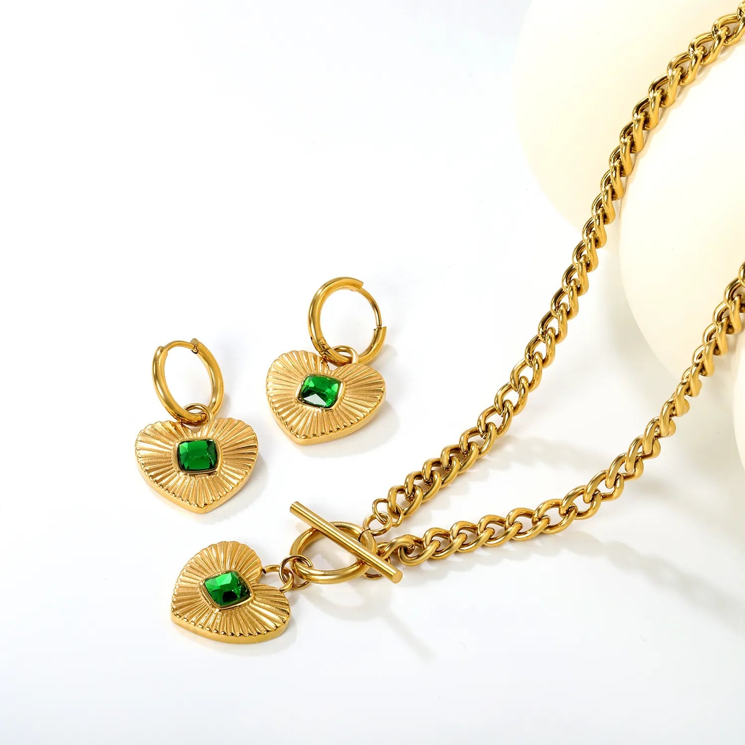 White Diamond Heart Set - Gold  Earrings: 2.0*10 heart accessories, 18*16mm  Pendant: 18*16mm  OT Clasp: 1.4*5, Side Chain: 43cm asonjewelry