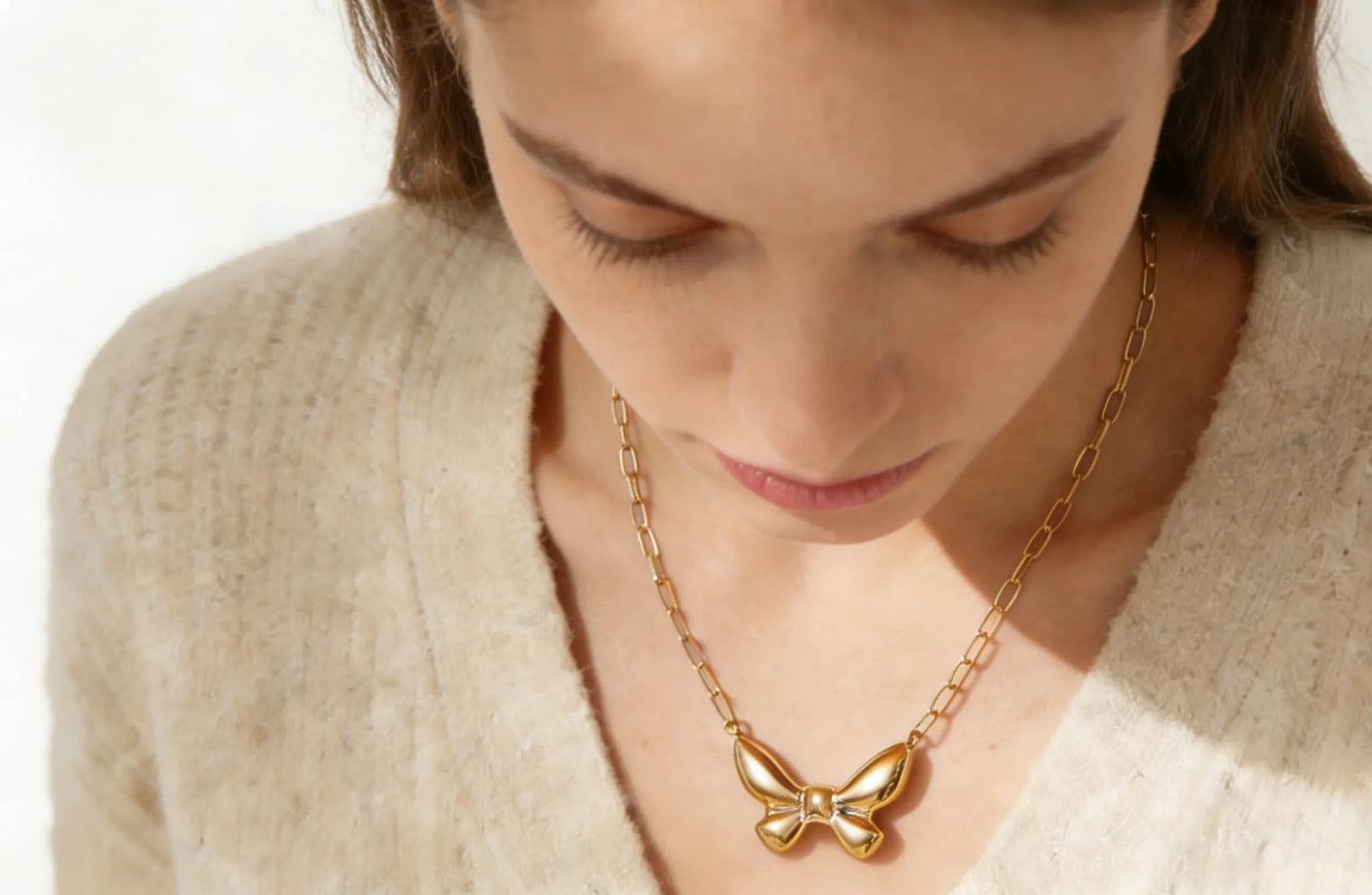 27*20mm Solid 3D Butterfly Necklace Gold 0.5*2.5*6mm Long Cross Chain 42+5cm + 4*11mm Rectangular Tag