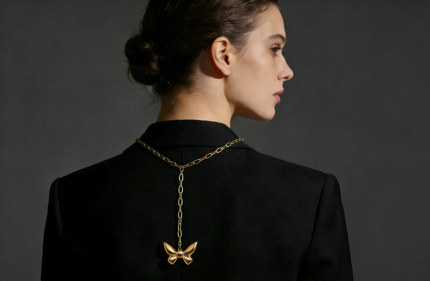 27*20mm Solid 3D Butterfly Necklace Gold 0.5*2.5*6mm Long Cross Chain 42+5cm + 4*11mm Rectangular Tag