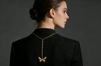 27*20mm Solid 3D Butterfly Necklace Gold 0.5*2.5*6mm Long Cross Chain 42+5cm + 4*11mm Rectangular Tag