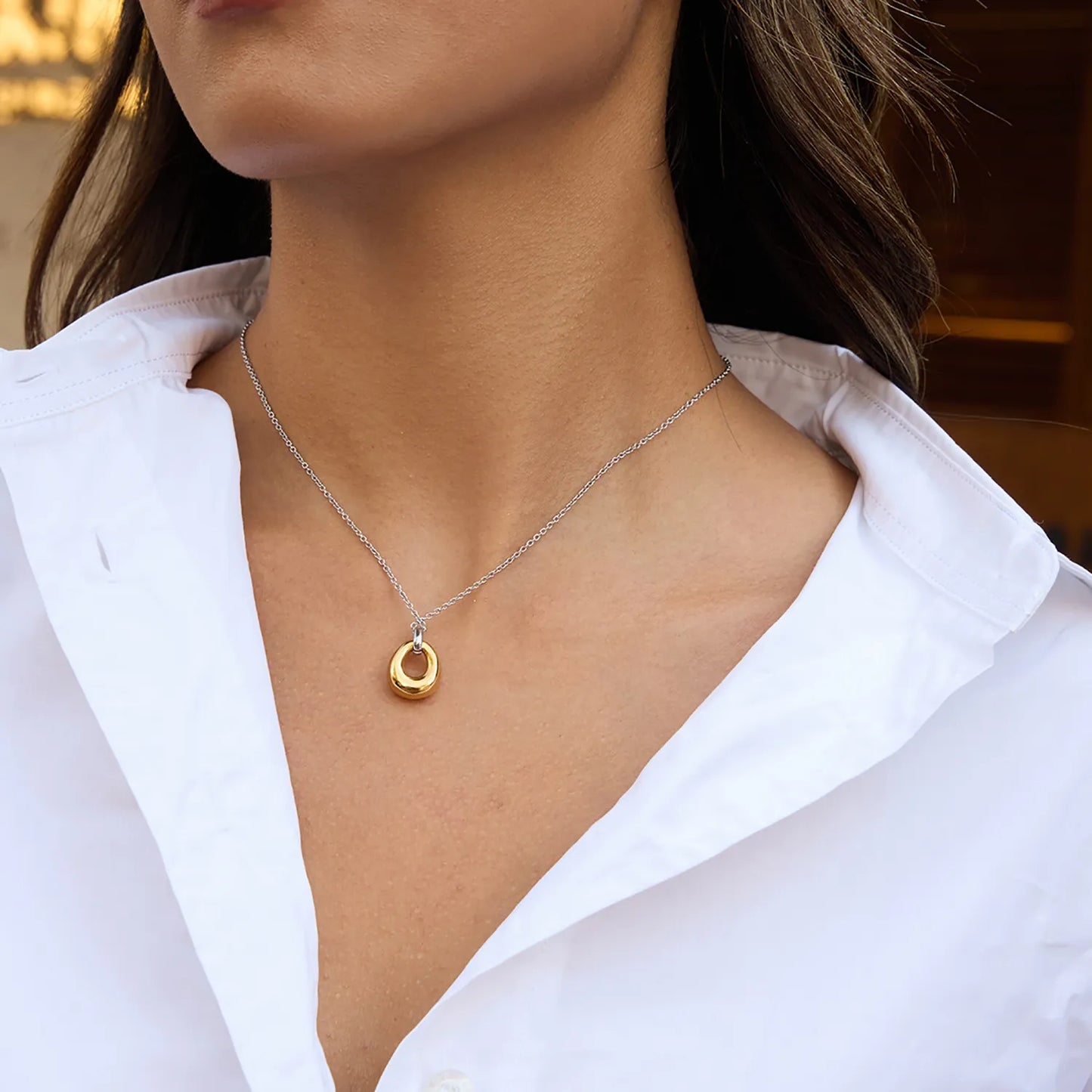 13.2*18mm Oval Pendant Necklace Two-Tone Gold 05 Cross Chain 40+5cm + 4*11mm Rectangular Tag