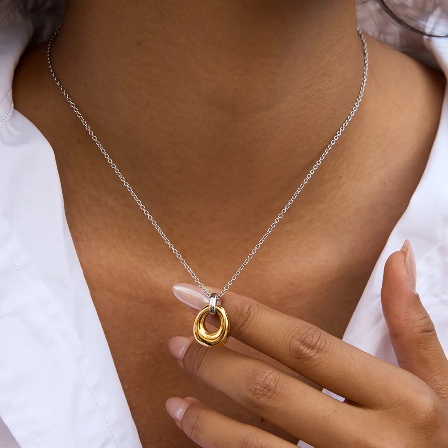 13.2*18mm Oval Pendant Necklace Two-Tone Gold 05 Cross Chain 40+5cm + 4*11mm Rectangular Tag