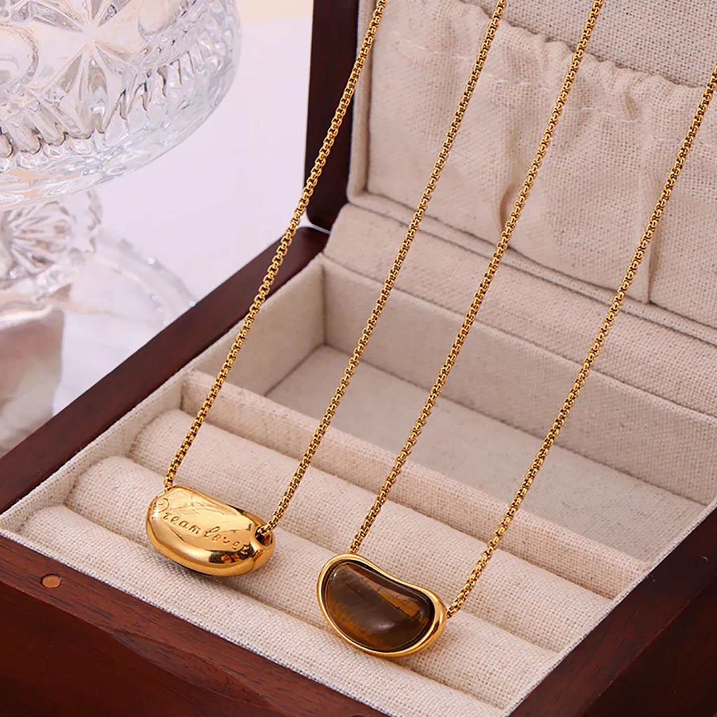 20*12mm Pea-Shaped Tiger's Eye Pendant Necklace 1.2 Pearl Chain 64cm + 1.5*18mm Bar + 8mm Pull-Through Bead