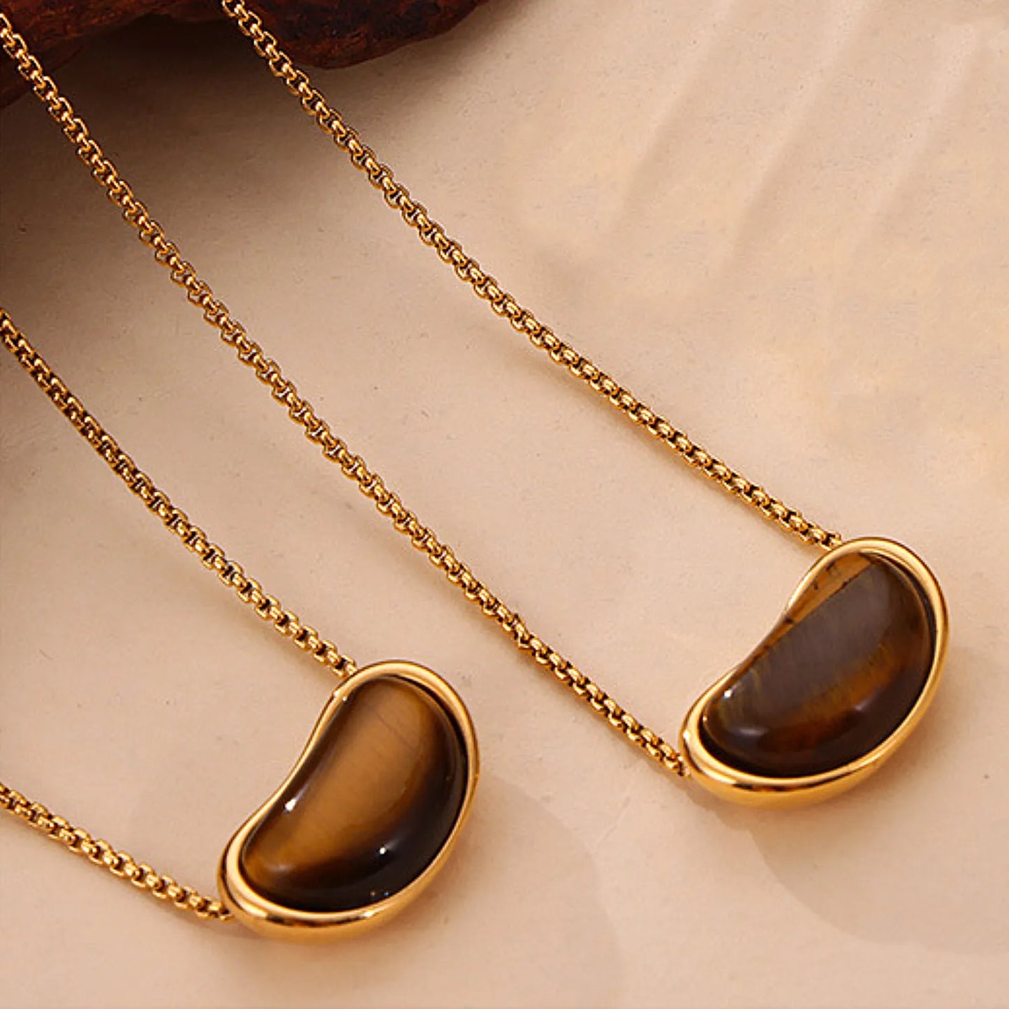 20*12mm Pea-Shaped Tiger's Eye Pendant Necklace 1.2 Pearl Chain 64cm + 1.5*18mm Bar + 8mm Pull-Through Bead