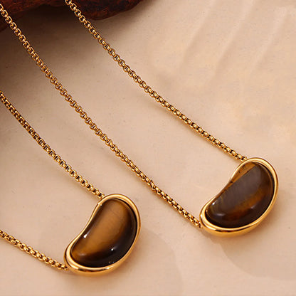 20*12mm Pea-Shaped Tiger's Eye Pendant Necklace 1.2 Pearl Chain 64cm + 1.5*18mm Bar + 8mm Pull-Through Bead