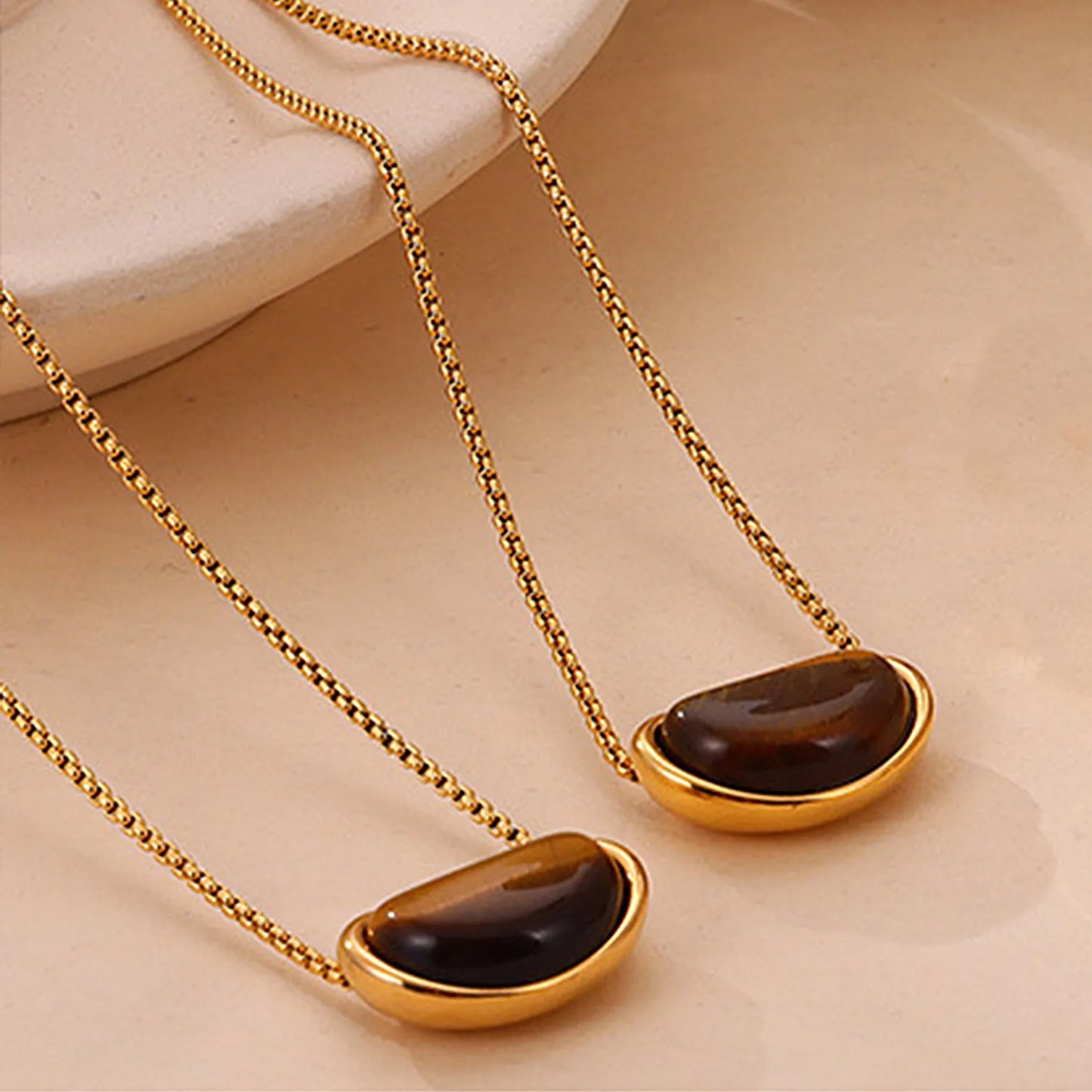 20*12mm Pea-Shaped Tiger's Eye Pendant Necklace 1.2 Pearl Chain 64cm + 1.5*18mm Bar + 8mm Pull-Through Bead