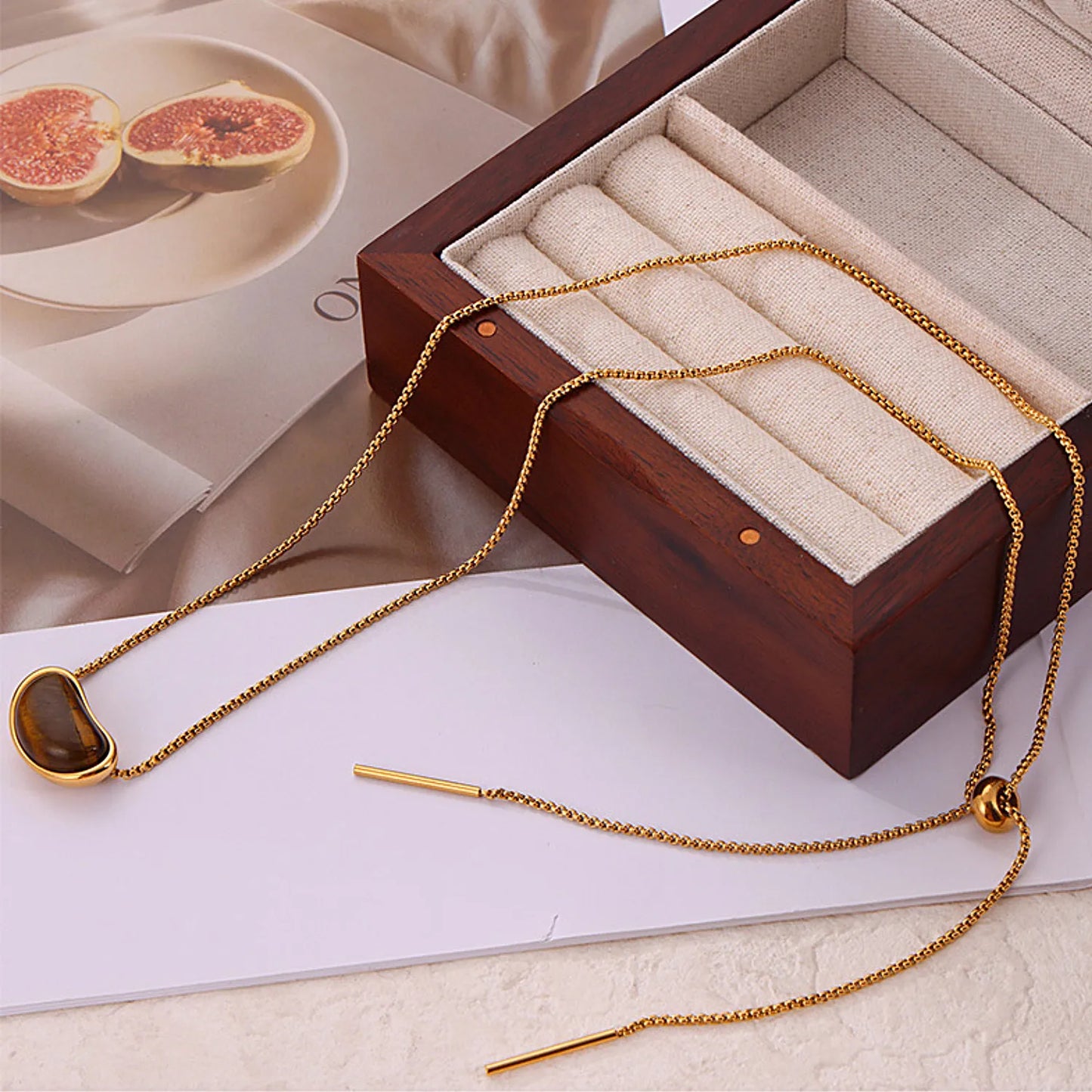 20*12mm Pea-Shaped Tiger's Eye Pendant Necklace 1.2 Pearl Chain 64cm + 1.5*18mm Bar + 8mm Pull-Through Bead