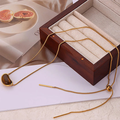 20*12mm Pea-Shaped Tiger's Eye Pendant Necklace 1.2 Pearl Chain 64cm + 1.5*18mm Bar + 8mm Pull-Through Bead