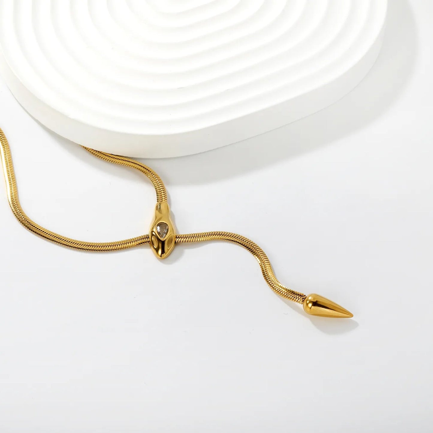 5.9*14mm snake tail, 7.5*18mm snake head, 4mm flat snake chain, 50+5cm+6mm round tail label, sweater chain, golden color asonjewelry