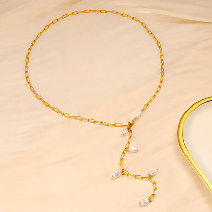 Imitation Pearl Necklace Gold 1*4*10 batch length Cross chain 70cm Imitation pearls 7*10 threaded beads + 6mm round beads
