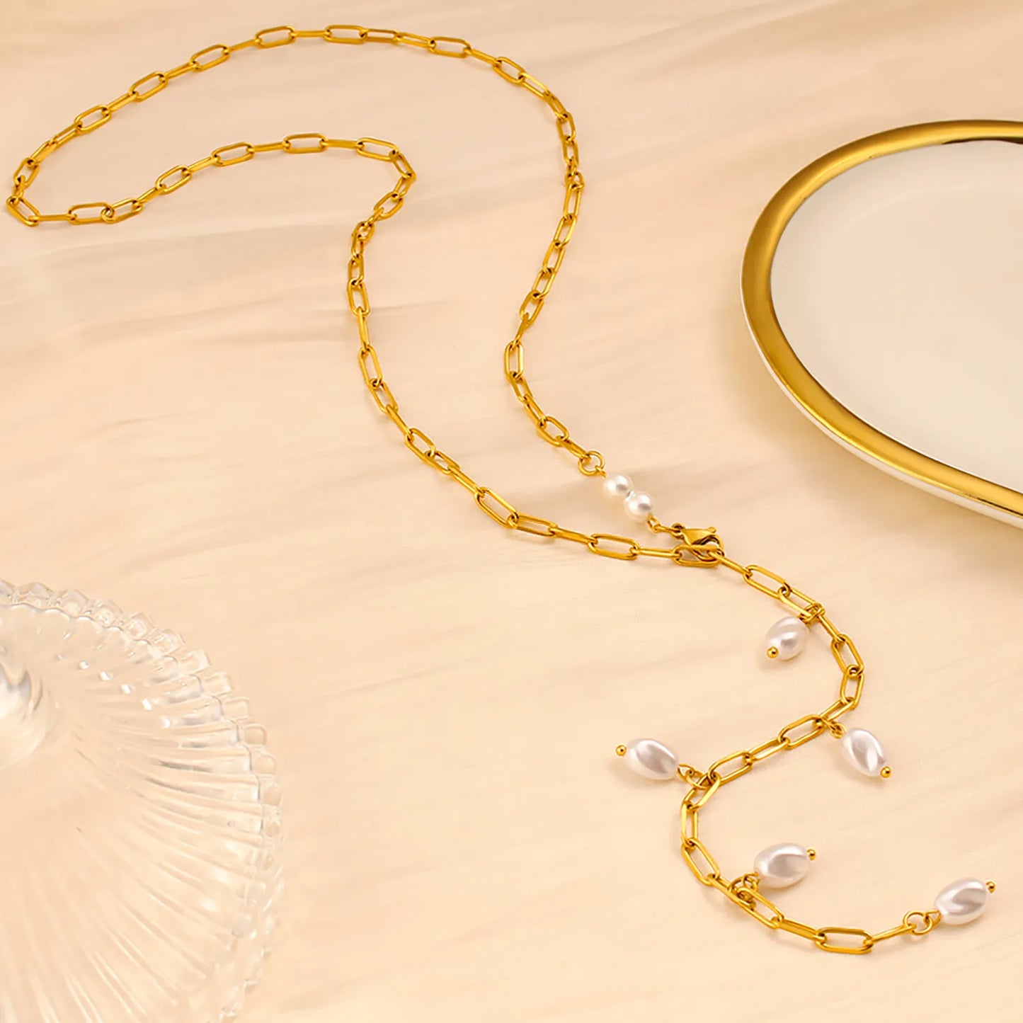 Imitation Pearl Necklace Gold 1*4*10 batch length Cross chain 70cm Imitation pearls 7*10 threaded beads + 6mm round beads