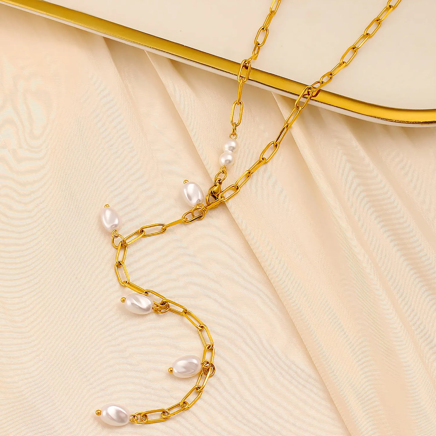 Imitation Pearl Necklace Gold 1*4*10 batch length Cross chain 70cm Imitation pearls 7*10 threaded beads + 6mm round beads