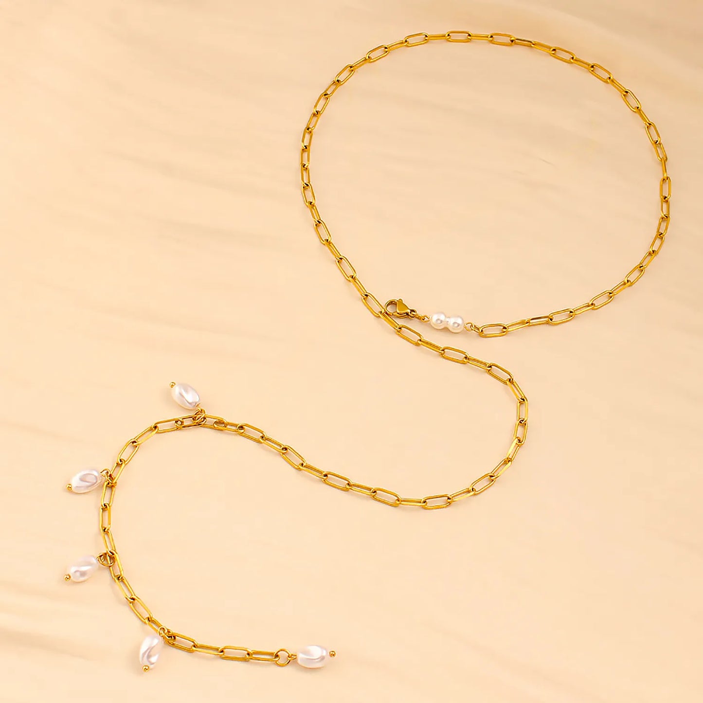 Imitation Pearl Necklace Gold 1*4*10 batch length Cross chain 70cm Imitation pearls 7*10 threaded beads + 6mm round beads