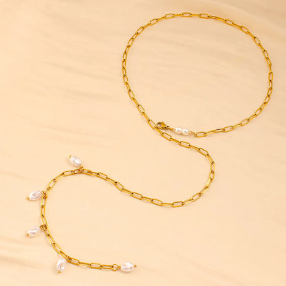 Imitation Pearl Necklace Gold 1*4*10 batch length Cross chain 70cm Imitation pearls 7*10 threaded beads + 6mm round beads