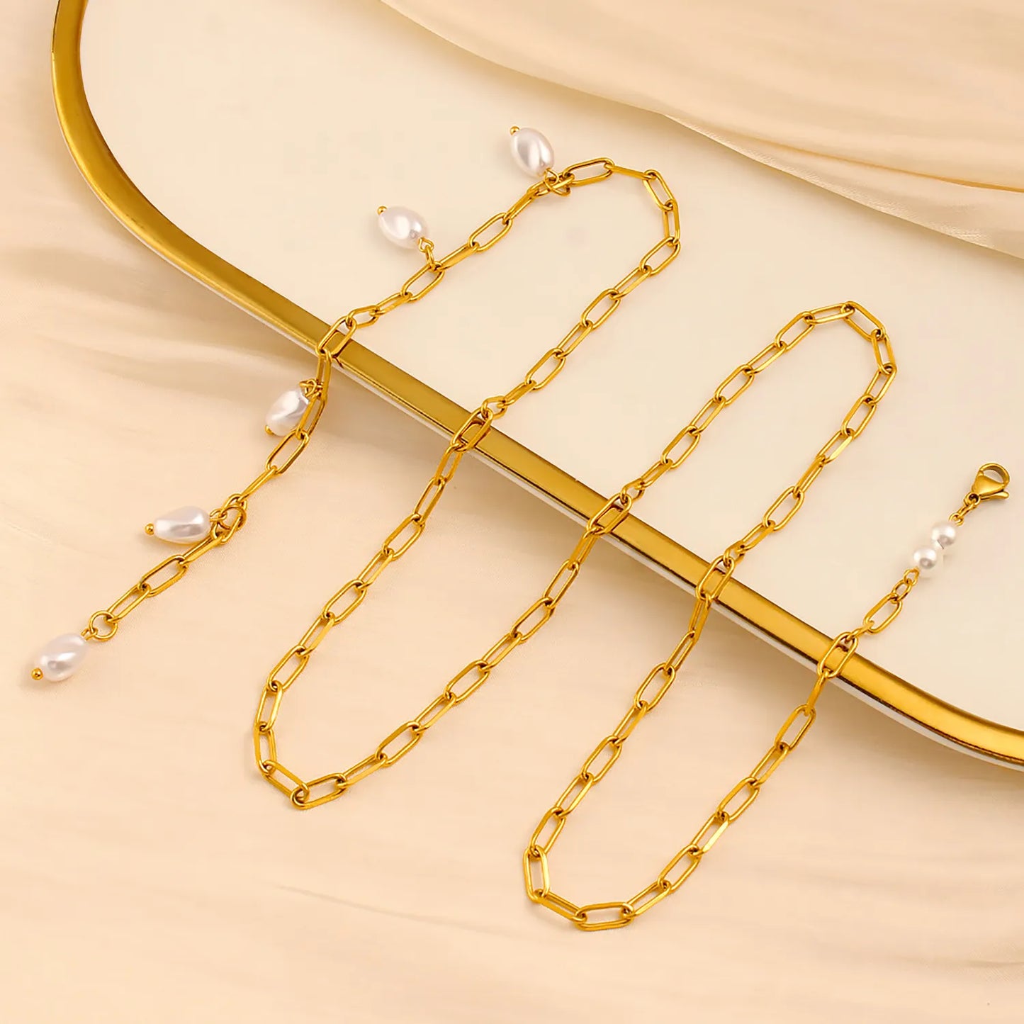 Imitation Pearl Necklace Gold 1*4*10 batch length Cross chain 70cm Imitation pearls 7*10 threaded beads + 6mm round beads